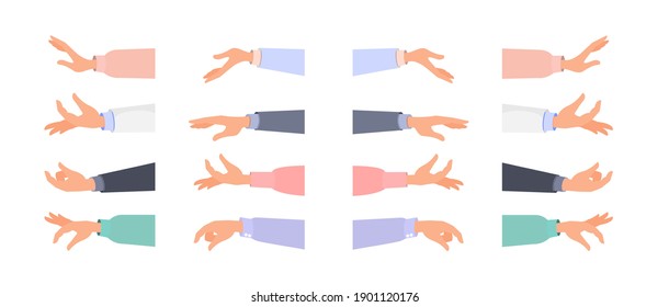 Set of people hands, male, female, sleeve, clothes, hold in hands. Concept: show, demonstrate, gesture. Vector flat cartoon illustration isolated on white background, eps 10.