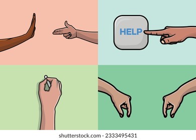 Gruppe von Menschen Hands mit verschiedenen Gesten Vektorgrafik. Menschen stellen ein Symbol-Konzept dar. Handsammlung mit einigen Zeichen Vektordesign. Unterschiedliche Zeichen und Gefühle, die Hände repräsentieren.