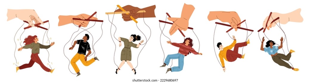 Set of people hang on ropes. Puppeteer hands controlling puppets. Manipulator playing with men and women. Characters being controlled by master, domination or authority Linear flat vector illustration