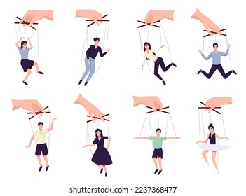 Set of people hang on ropes. Puppeteer and puppets. Characters being controlled by master, domination or authority Linear flat vector illustration