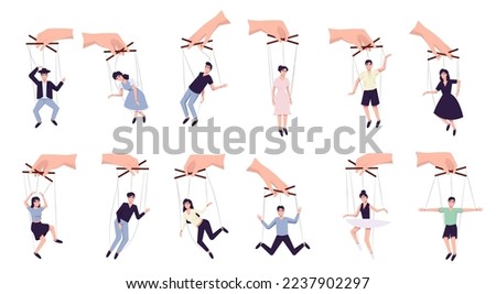 Set of people hang on ropes. Puppeteer and puppets. Characters being controlled by master, domination or authority Linear flat vector illustration