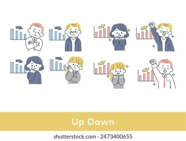 A set of people happy or sad at the ups and downs of the graph