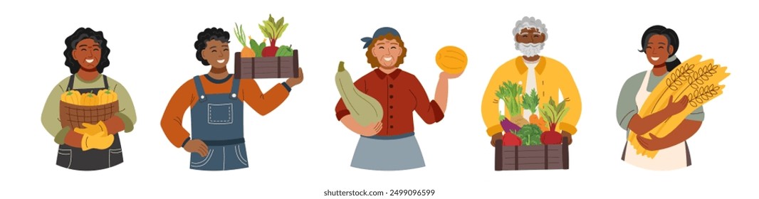 Set of people with harvest in flat style isolated on white. Harvest, autumn, Thanksgiving concept.