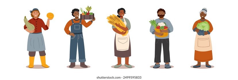 Set of people with harvest in flat style isolated on white. Harvest, autumn, Thanksgiving concept.