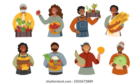 Set of people with harvest in flat style isolated on white. Harvest, autumn, Thanksgiving concept. Harvest festival.