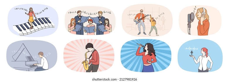 Set of people have fun singing and playing musical instruments. Collection of men and women enjoy music leisure activity. Hobby and entertainment. Musician and artist. Vector illustration. 