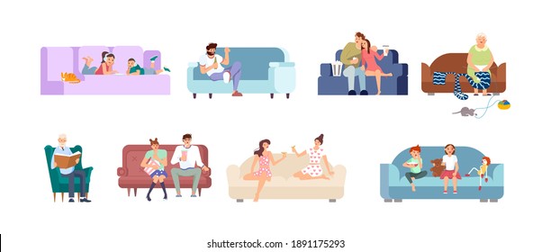 Set of people have relax on couch. Characters on sofa in different poses bandle. Flat Art Vector Illustration