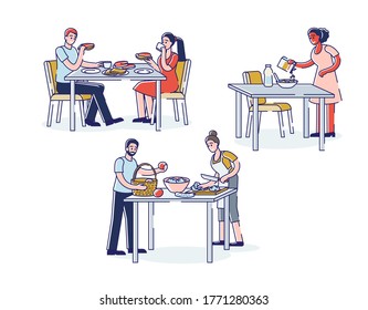 Set of people having breakfast at home eating and cooking healthy food in morning. Cartoon characters cooking salad, oatmeal and sandwiches. Nutrition concept. Linear vector illustration