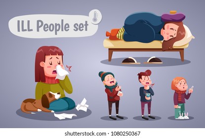 Set Of People Having Cold, Cartoon Style Vector Illustration