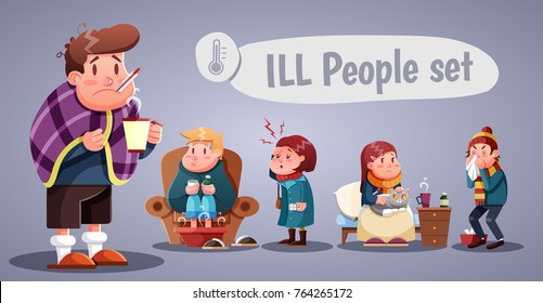 Set of people having cold, cartoon style vector illustration