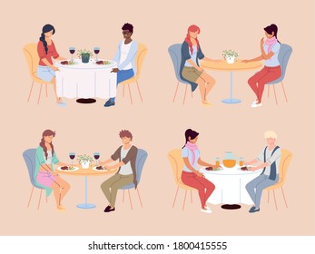 set of people having dinner in the restaurant vector illustration design