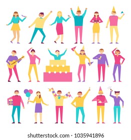 Set of people having fun on birthday party vector illustration isolated on white. Man and women celebrate birthday together cartoon style flat design