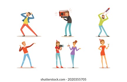 Set of People Having Fun at Party, Happy men and Women Celebrating Holidays Cartoon Vector Illustration