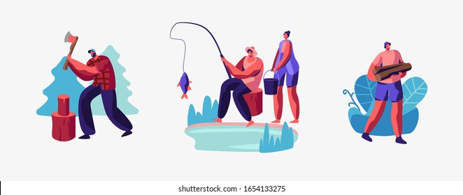 Set of People Having Outdoors Active Rest in Forest. Male and Female Characters Hobby at Leisure Summer Time, Men and Women Relaxing, Fishing, Chopping Wood in Camping. Cartoon Vector Illustration