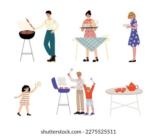 Set of people having picnic. Family preparing barbecue grill cartoon vector illustration