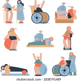 Set of people having program of health rehabilitation in medical centers