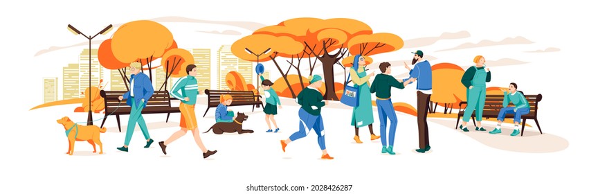 Set of people having rest in the autumn park.Various outdoor activities in the urban park.Illustration of recreation jogging with dog, exercise fitness outdoor.Vector illustration