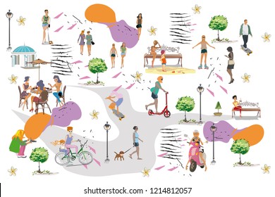 Set of people having rest in the park.  Leisure outdoor activities:  skateboard, roller-skates, riding a scooter and bicycle. Colorful vector illustration.