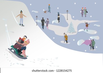 Set of people having rest in the park in winter.  Active leisure outdoor activities. Colorful vector illustration.