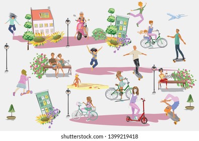 Set of people having rest in the park.  Leisure outdoor activities:  skateboard, roller-skates, riding a scooter and bicycle. Colorful vector illustration.