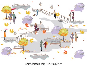 Set of people having rest in the park in autumn.  Active leisure outdoor activities. Colorful vector illustration.