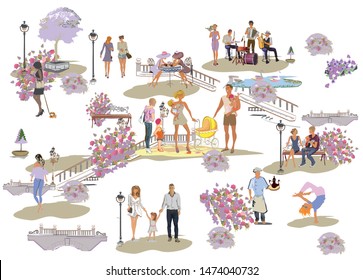 Set of people having rest in the park in summer.  Active leisure outdoor activities. Colorful vector illustration.