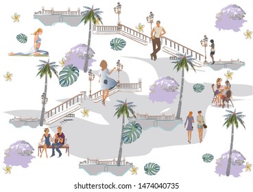 Set of people having rest in the park in summer.  Active leisure outdoor activities. Colorful vector illustration.