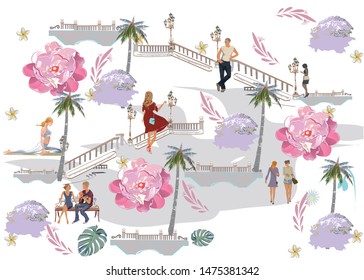 Set of people having rest in the park in summer.  Active leisure outdoor activities. Colorful vector illustration.