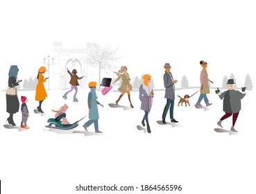 Set of people having rest in the park in winter.  Active leisure outdoor activities. Colorful vector illustration.
