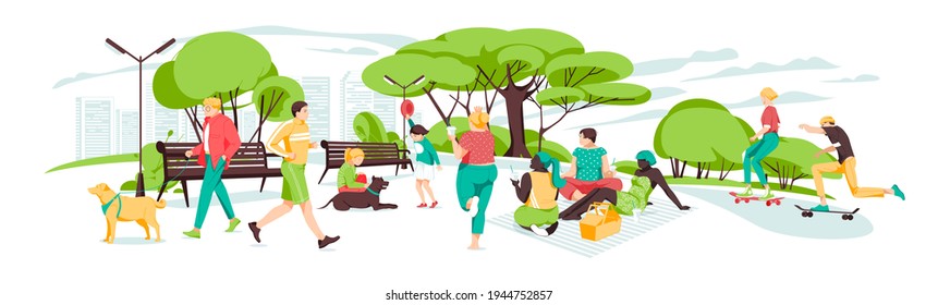 Set of people having rest in the park.Various outdoor activities in the urban park.Illustration of recreation jogging with dog, exercise fitness outdoor.Vector illustration