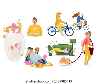 Set of people having rest in a variety of ways cartoon style, vector illustration isolated on white background. Different activities of men women relaxing at home and outdoor