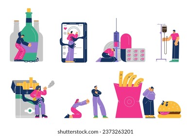 Conjunto de personas con varias adicciones de estilo plano, ilustración vectorial aislada en fondo blanco. Recogida de elementos de diseño decorativos, alcohol y tabaco, comida rápida y aparatos