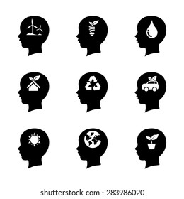 Set of people head icon, thinking of the brain,ecology concept, isolated on white background, vector illustration eps10