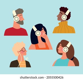 set of people with headphones listening