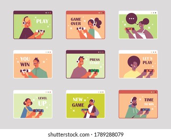 set people in headphones playing video games mix race men women having fun web browser windows collection portrait vector illustration