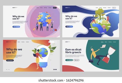 Set of people helping ecology. Flat vector illustrations of people creating international project. Ecology, international business, deadline concept for banner, website design or landing web page