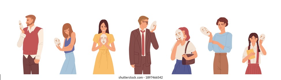 Set of people hiding faces behind social masks with fake positive emotions. Sad and angry men and women disguising real emotions and feelings. Colored flat vector illustration isolated on white