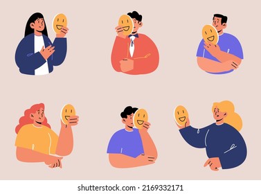 Un grupo de personas que esconden caras detrás de máscaras sociales con falsas emociones positivas. síndrome de impostor, hipocresía. Hombres y mujeres tristes disfrazando sentimientos e identidad reales, ilustraciones de vectores planas de arte de línea