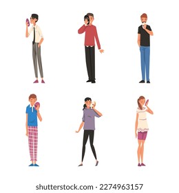 Set of people hiding faces behind social masks with fake positive emotions. Men and women in casual clothes disguising real emotions and feelings cartoon vector illustration