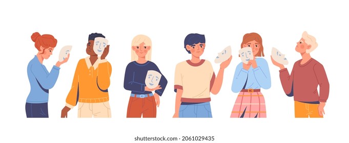 Set of people hiding under social masks. Men and women do not show their real emotions and feelings. Fake joy and happiness. Cartoon modern flat vector collection isolated on white background