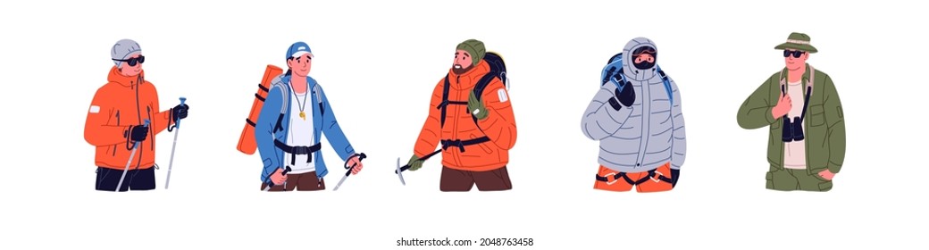 Un conjunto de personas haciendo senderismo y trekking. Caminantes caminando con mochilas y equipo. Turistas activos viajando en verano e invierno. Ilustración vectorial plana de los mochileros aislados en fondo blanco