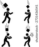 Set of People Hit by Falling Objects Accident Silhouette Icons