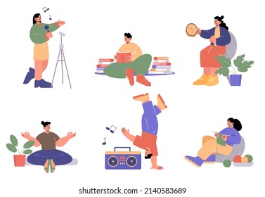 Set of people hobbies, relax, creative occupation and recreation at home. Men and women singing, reading books, embroider, meditate, dancing and knitting, Isolated line art flat vector illustration