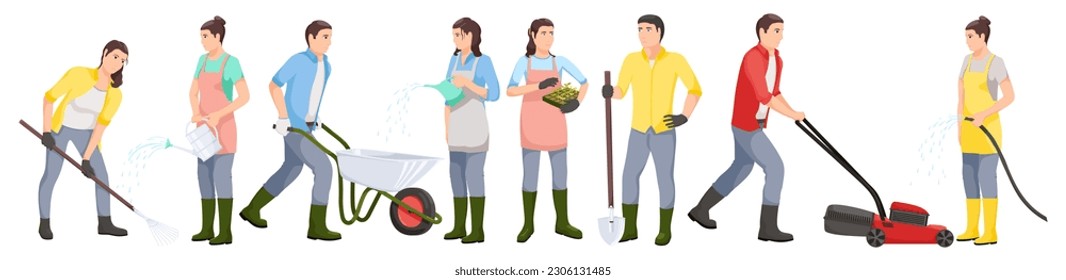 Set of people hobby of farming, rural life, gardening, agriculture. Group of men and women agricultural workers stay together isolated on white background. Village Rural lifestyle. Vector illustration