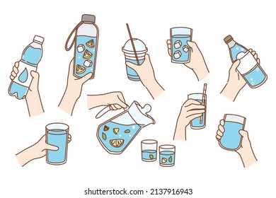 Un grupo de personas sostiene vasos y botellas con limón y hielo. Colección de personas que sienten sed deshidratadas disfrutan de agua fría y cristalina. Hidratación y estilo de vida saludable. Ilustración vectorial. 