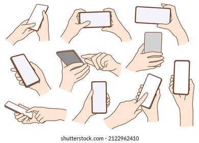 Set of people hold smartphone gadget with mockup screen use internet or social media. Collection of person user with cellphone browse surf modern device. Technology. Vector illustration.