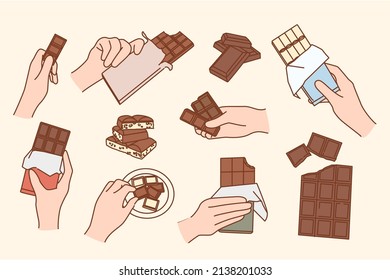 Set of people hold white and milk chocolate bars. Collection of person enjoy tasty delicious chocolates. Sweet dessert and sugar stuff concept. Confectionery. Flat vector illustration. 