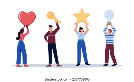 Set of people holding big colorful objets over their head. People holding heart, light bulb, star and key. Men and women standing with different items and tools. Flat cartoon vector illustration