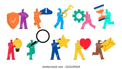 Set of people holding big objects or items. Collection of different people activities. Holding tools. Vector illustration
