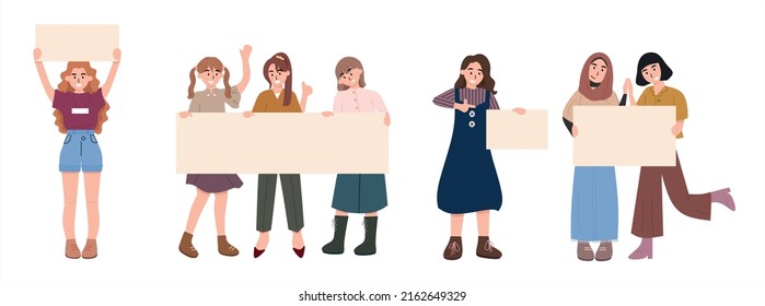 Set of people holding blank banners voice their opinion. National women's day. Isolated in white bacground. Flat vector illustration